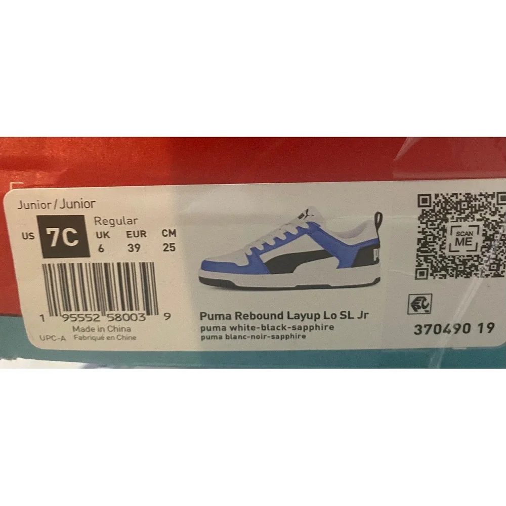 Puma Rebound Layup Lo SL Jr White Black Sapphire Blue Sneakers 370490 19 Size 7Y